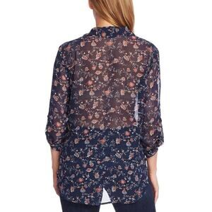 NWT Vince Camuto Women's Sheer Long Sleeve Dark Floral Blouse Navy Roll Tab XS